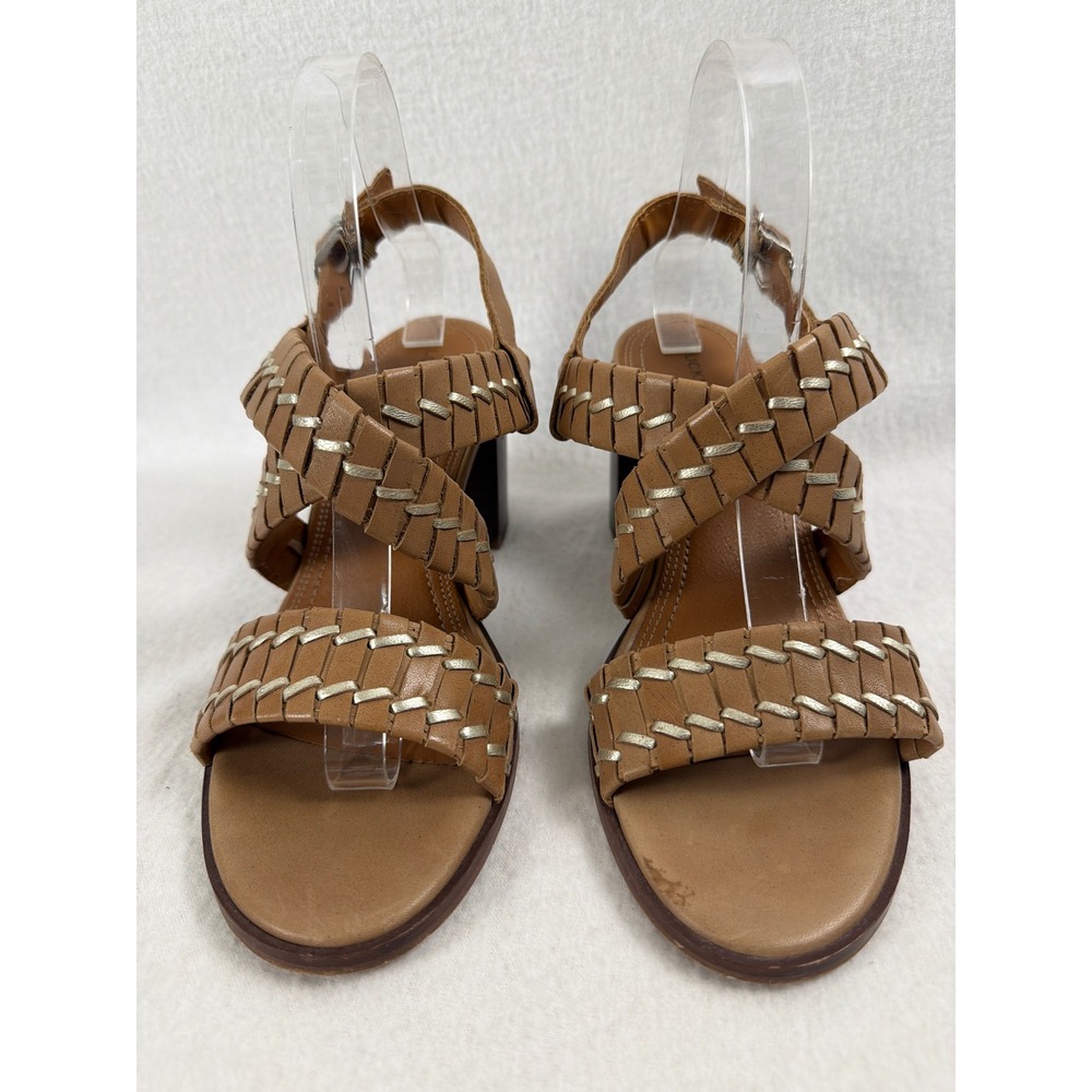 Lucky Brand Dabene Tan Leather Woven Block Heel Sandals 9M Silver Whipstitch